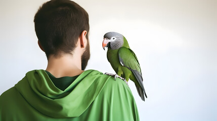 Beautiful green Monk parrot sitting on shoulder of man.