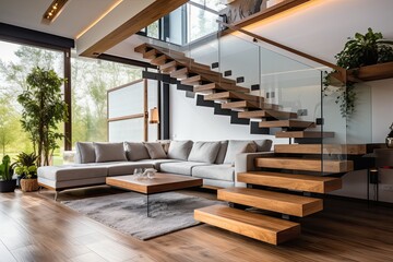 interior of modern house, living room with sofa and wooden stairs and panoramic windows