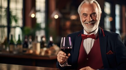 Fototapeta premium Smiling sommelier is tasting a glass of wine. Generative AI