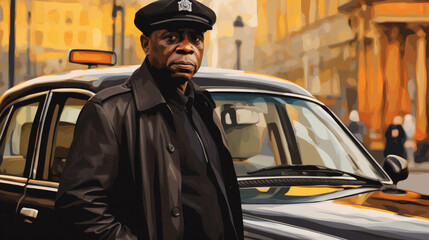 Handsome african american taxi driver near car on city street