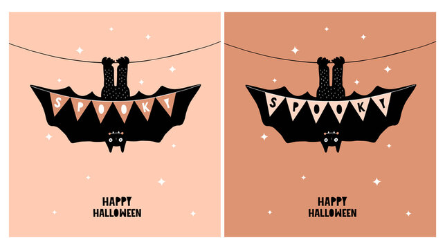Cute Hand Drawn Halloween Vector Card with Happy Bat Isolated on a Coral Pink and Brown Background. Bat Hanging Upside Down Holding a Banner Says "Spooky" Lovely Halloween Illustration. RGB Colors.