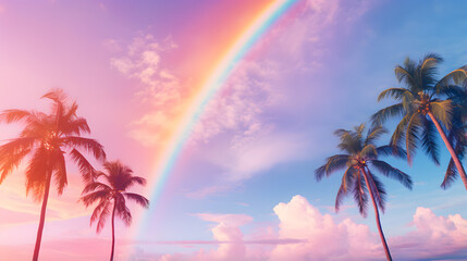 Fototapeta na wymiar Sunset of sky with palm trees and rainbow