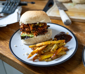 Korean fried chicken burger with fries