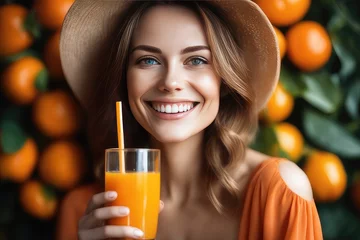 Poster woman wearing hat drinking orange juice © drimerz
