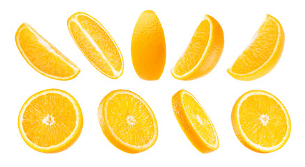 Colorful oranges set. Cut on round slices and quarter pieces, closeup, different sides isolated on...