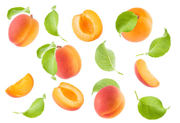 Bright orange apricot, pink side, green leaves pattern isolated on white background, set. Whole and piece fruits levitated, closeup, different sides. Summer  fruits - design element for advertising.