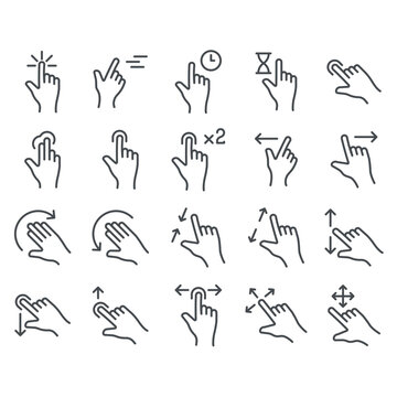 
Simple vector line icons. The Gestures theme contains icons such as swipe right, swipe left, stretch, zoom out, double tap and more.