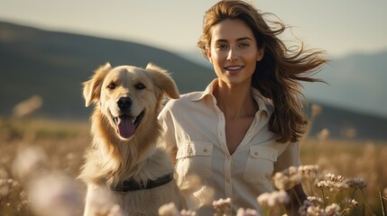 happy golden retriever dog is running with the woman, the owner for exercise in the morning sunrise.