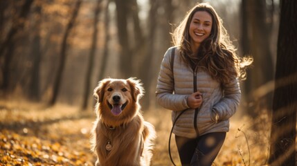 happy golden retriever dog is running with the woman, the owner for exercise in the morning sunrise. - Powered by Adobe