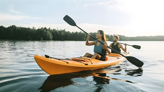 Man and woman couple riding kayak in lake at sunset