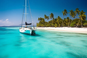Aerial view of beautiful white sand beach with crystal clear turquoise water and yacht
