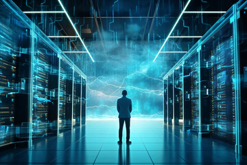 Back view of businessman standing in server room with binary code concept. 3D Rendering