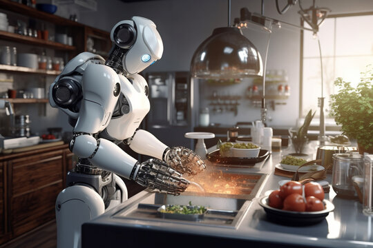 3d rendering humanoid robot cooking vegetable salad in kitchen at home.