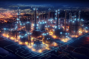 Industrial city in the form of a circuit board. 3d rendering