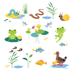 Swamp with Animals and Growing Water Plants Vector Set