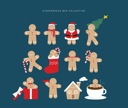 christmas gingerbread man cookies set with different poses and costume