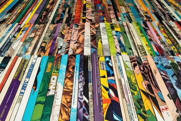 Naklejka premium stack old textured colorful hobby collection abstract comic paper books texture background paper texture vintage Stack pile comic old page line book pattern book cover creates comic page background