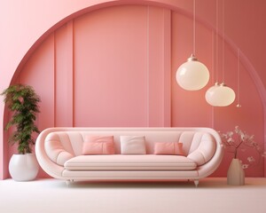 A cozy and inviting room is illuminated by the warm light of a lamp, accentuated by the vibrant colors of a pink couch and matching pillows, surrounded by cheerful houseplants and a vase of fresh flo