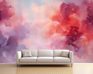 A vibrant painting of a cozy sofa nestled in a room of striking colors creates a peaceful yet stimulating atmosphere