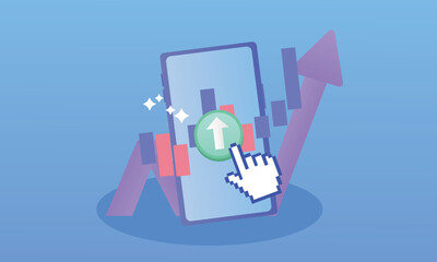 Mobile using finance business graph.on blue background.Vector Design Illustration.