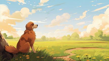 dog on the meadow, wallpaper, landscape, vector, art, animal, novel