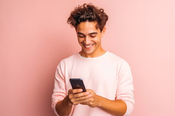 A man holding his phone portrait shot on pastel color background in studio. Smiling man with phone.