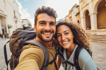 Couple of tourists taking selfie and looking at camera. Couple traveling. - obrazy, fototapety, plakaty