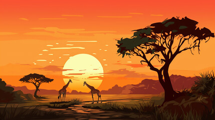Naklejka premium giraffe at sunset, wallpaper, landscape, vector, art, animal