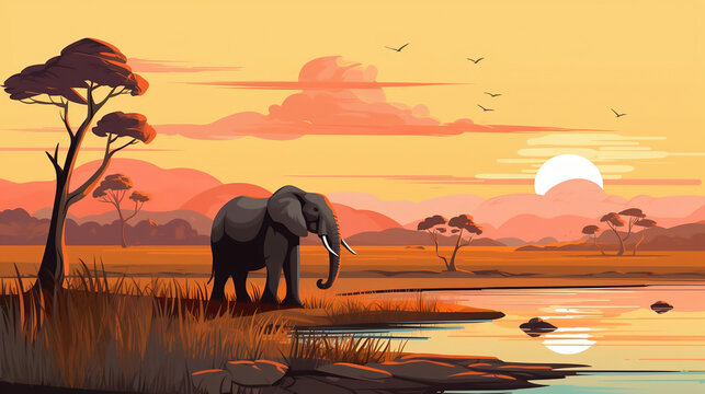 elephants at sunset in continent, wallpaper, landscape, vector, art, animal