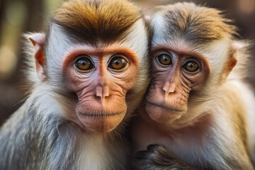 Endearing monkey couple looking at camera. One young monkey and parent looking at camera cute.