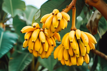 Clusters of banana fruits on trees.