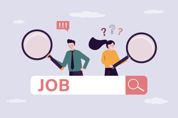 Businesspeople uses magnifying glasses and online search job. unemployment concept. Browser search bar, applicants looking for vacancies. Recruitment process,
