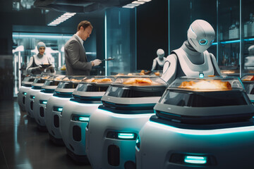 Experience the future of dining as robotic servers deliver your meal. Electronic server in restaurant.