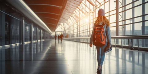 Obraz premium woman travelling person with backpack walking in a busy airport