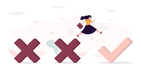 Confident woman jumping from bad luck cross to check mark. Overcoming obstacles, moving towards success. Learning from mistakes, motivation to develop and move to success.