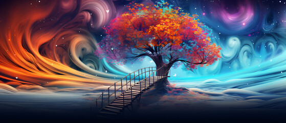 Colorful tree with wooden walkway