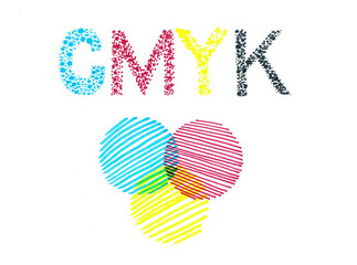 Dotted CMYK textured lettering. Each letter corresponds to its color. And the spectrum from the CMYK color circles in a strip. Cyan, magenta, yellow, contour.