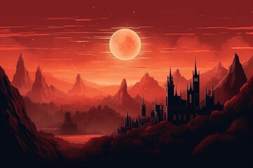 Fantasy red landscape with castle on the background of the moon and mountains