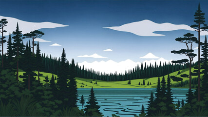Background scene of lake and pine forest