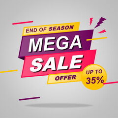 Mega sale banner template design with End of season. Up To 35% Discount. Vector illustration.