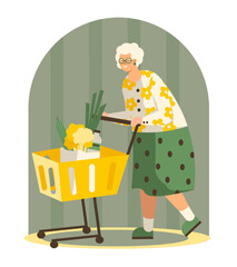Senior woman carry cart with different products. Old lady buying food in supermarket. Shopping time concept. Flat vector illustration in green colors in cartoon style