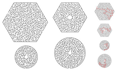 Black and white maze set with solution. A collection of hexagonal and circular mazes. A labyrinth game of varying complexity. Black and white vector