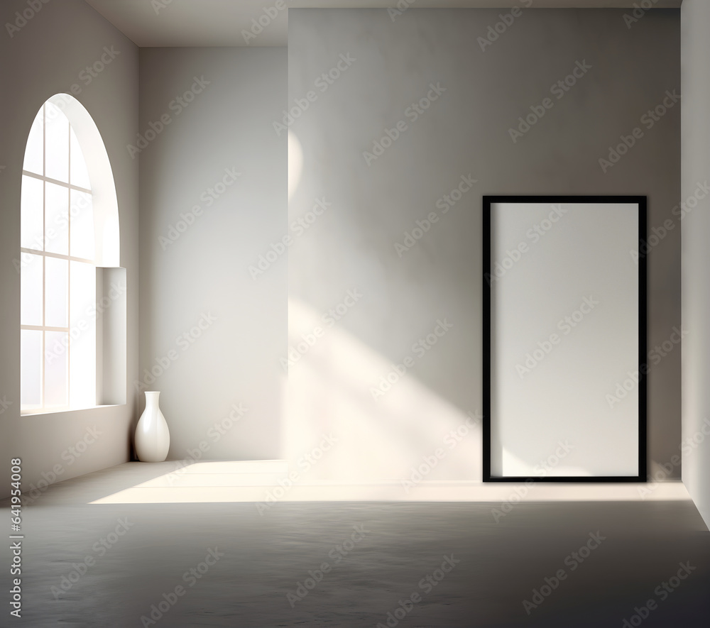 Poster creative interior concept. abstract large beige textured light room wall with interesting light shad
