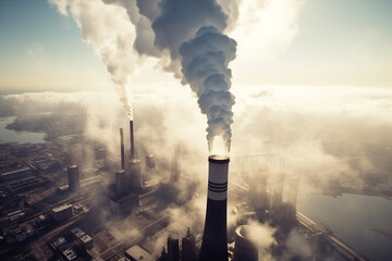 Aerial view of coal power plant with smokestacks in cloudy morning