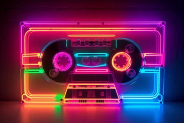 Gordijnen Neon cassette. Nostalgia of the 90s. Audio cassette for listening to music. © Yuliia
