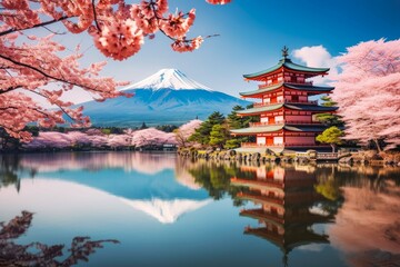 Mount Fuji with pink trees travel destination. Tour tourism exploring. - obrazy, fototapety, plakaty