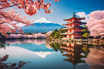 Fototapete Kyoto Mount Fuji with pink trees travel destination. Tour tourism exploring.