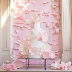 A vibrant pink wall adorned with a delicate flower-topped cake creates an inviting and whimsical atmosphere in the indoor space
