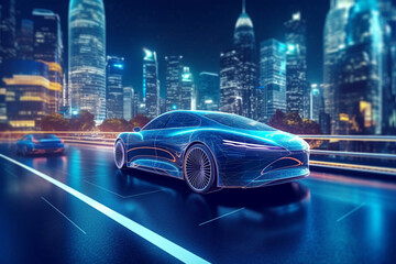 Fototapeta premium Car on the road in modern buildings city at night. 3d rendering