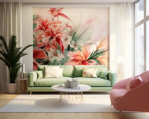 A cozy and inviting living room adorned with vibrant floral wallpaper, a luxurious couch, loveseat, and various houseplants, with a grand painting of flowers gracing the wall, radiates warmth and lif